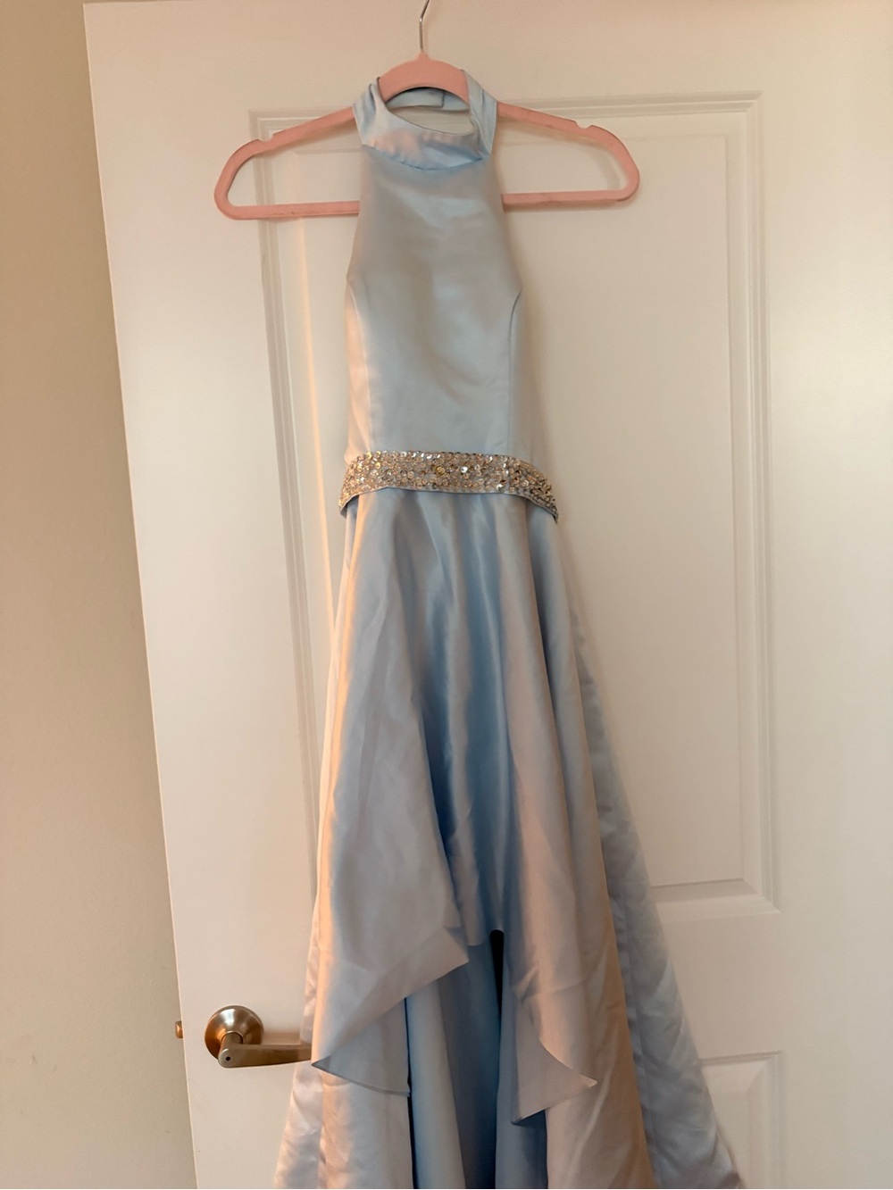Light Blue Satin High-Low Prom/Homecoming Dress with Embellished Waist
